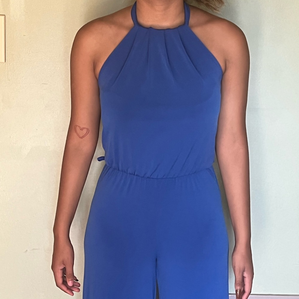 halter neckline blue jumpsuit